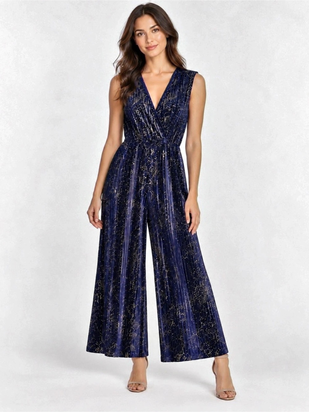 BCBGeneration Jumpsuit S Navy Gold Star Pleated Velvet Wide Leg Holiday Party
